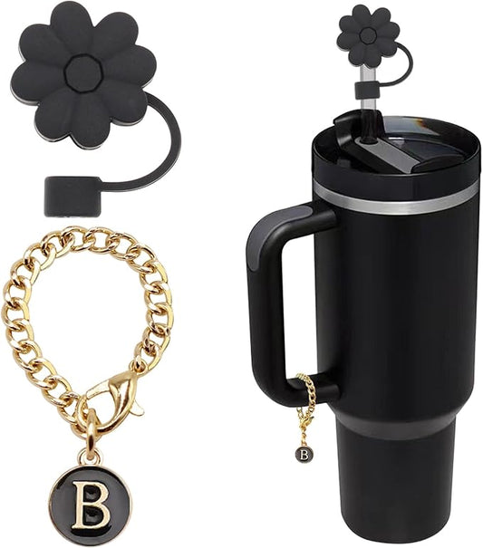 Stanley Cup Accessories, 1pc Flower Stanley Straw Cover Silicone Straw Topper for Stanley 30&40 oz Tumbler with Handle and 1pc Initial Letter Charm for Stanley Cup (Letter B)