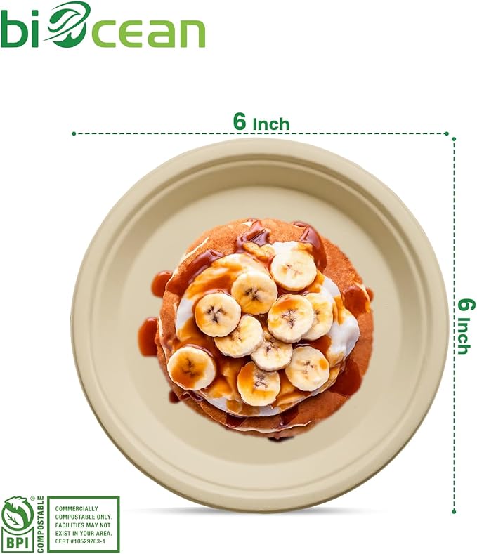 6 Inch Compostable Plates 100 Pack Heavy Duty Compostable Paper Plate, Disposable Eco-Friendly Sugarcane Bagasse Plate, Natural Brown Plates for Dinner, Dessert, and Weddings