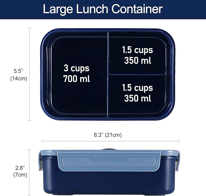 Caperci Classic Bento Box Adult Lunch Box for Older Kids - Leakpoof 47 oz 3-Compartment Containers for Adults and Teens, Built-in Utensil Set, Ideal for On-the-Go Balanced Eating, Navy Blue