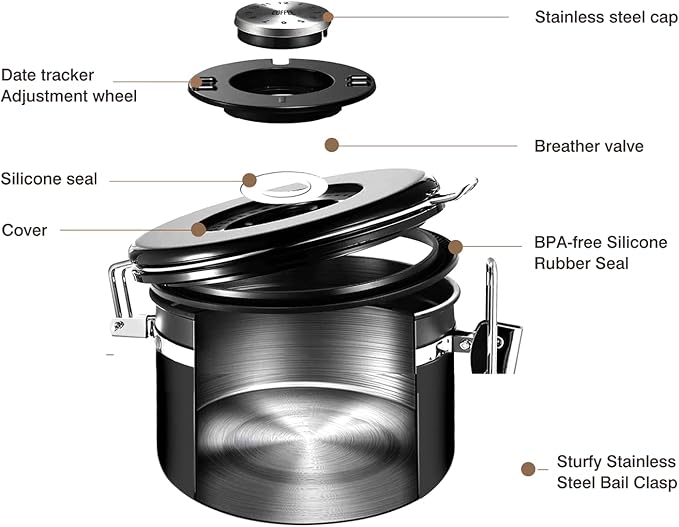 Coffee Canister, Airtight Coffee Container with Date Tracker Lid, Stainless Steel Canister for Kitchen Food Storage (Black, 9oz)