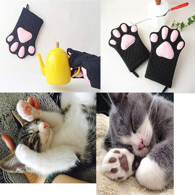 Oven Mitts,Cat Design Heat Resistant Cooking Glove Quilted Cotton Lining- Heat Resistant Pot Holder Gloves for Grilling & Baking Gloves BBQ Oven Gloves Kitchen Tools Gift Set BBQ,Microwave (Black)
