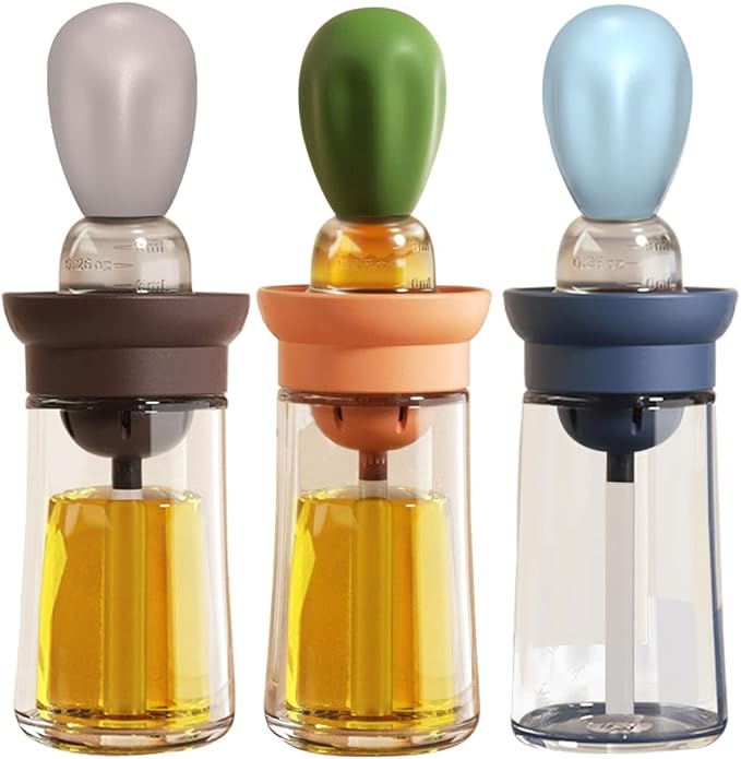 Oil Dispenser with Brush - 3 Pack 2 IN 1 Olive Oil Dispensing Bottle with Basting Brush for Cooking Frying Baking Kitchen, 180ml, T-OB21 Blue+Grey+Green