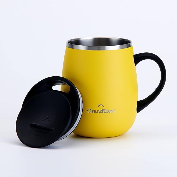 GRANDTIES Insulated Coffee Mug with Handle - Sliding Lid for Splash-Proof 16oz Wine-Glass Shape Thermal Tumbler with Double Walled Vacuum Stainless Steel to Keeps Beverages Hot or Cold-Lemon