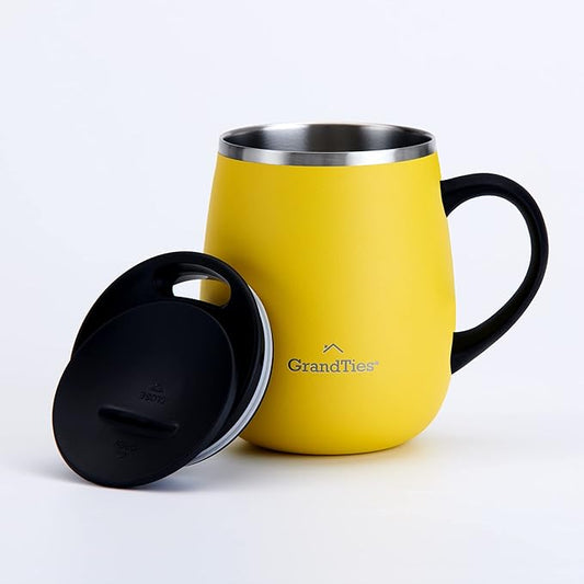 GRANDTIES Insulated Coffee Mug with Handle - Sliding Lid for Splash-Proof 16oz Wine-Glass Shape Thermal Tumbler with Double Walled Vacuum Stainless Steel to Keeps Beverages Hot or Cold-Lemon