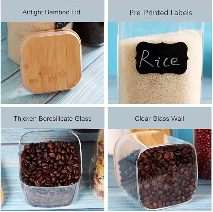 Large Glass Flour and Sugar Containers, Set of 2-120 oz Glass Food Storage Containers with Airtight Lids, Square Jars with Bamboo Lids for Rice, Pasta, Cookies, Sugar