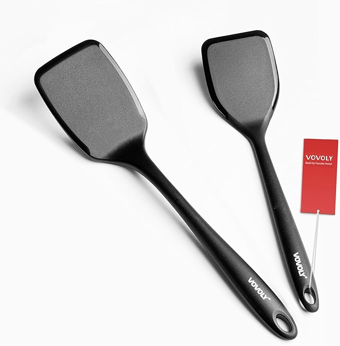 Silicone Spatula Set, 600°F Heat Resistant Silicone Spatula Turner Flipper for Cooking, Non Stick and Non Scratch Kitchen Utensils for Eggs, Burgers, Crepes, 2-Pack Solid Spatulas Set, Black