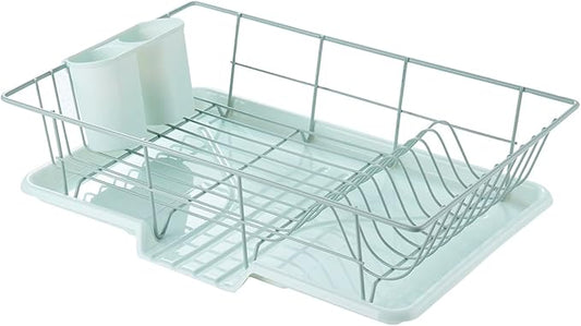Sweet Home Collection Space-Saving 3-Piece Dish Drainer Rack Set: Efficient Kitchen Organizer for Quick Drying and Storage - Includes Cutlery Holder and Drainboard - Maximize Countertop Space, Mint