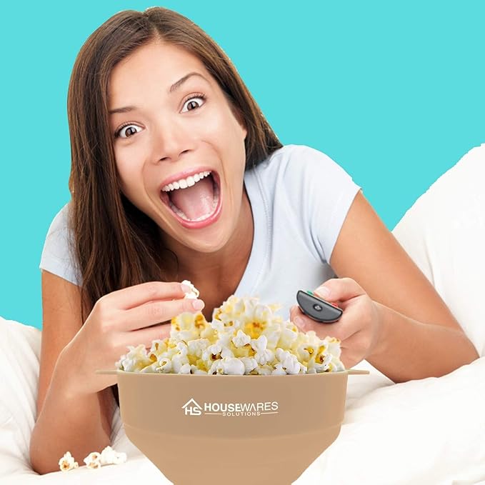 Collapsible Silicone Microwave Hot Air Popcorn Popper Bowl With Lid and Handles (Tan)