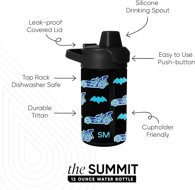 Simple Modern Batman Kids Tritan Plastic Summit Water Bottle | 12 oz BPA-Free Cup with Covered Leak Proof Straw Lid for Boys, Toddlers | Batwheels
