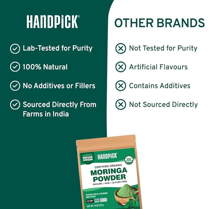 HANDPICK USDA Organic Moringa Powder (397g/14oz) Pure Moringa Oleifera Leaf Powder | Authentic Indian Origin | Gluten Free, Non-GMO | Perfect for Smoothies, Drinks, Tea & Recipes