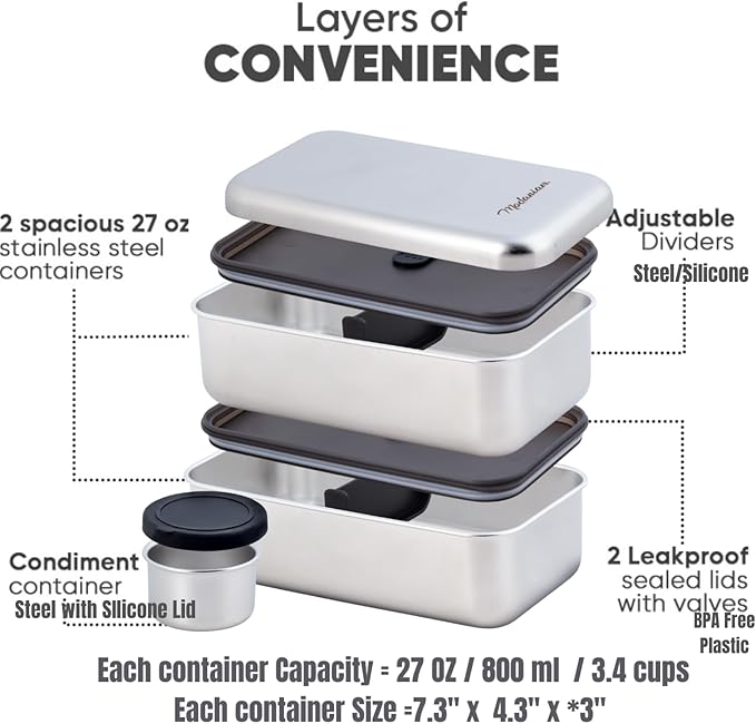 LEAK Proof Stackable Stainless Steel Bento Box |Stainless Steel Lunch Box Adult| Metal Bento box|Metal Japanese Lunch Container |large compartment| Korean bentobox| Non toxic|Microwave safe