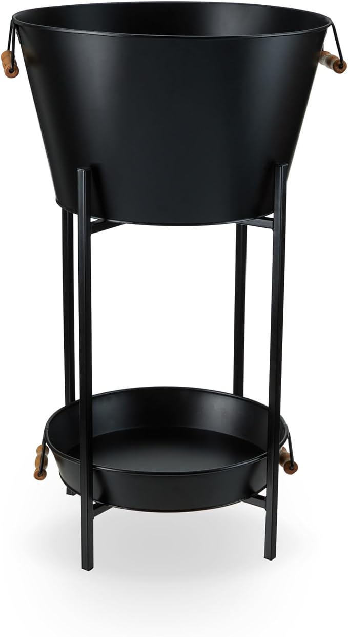 Twine Black Beverage Tub with Collapsible Stand, Large Metal Bucket and Tray, Ice Drink Buckets with Acacia Wood Handles for Parties, 3-Piece Set