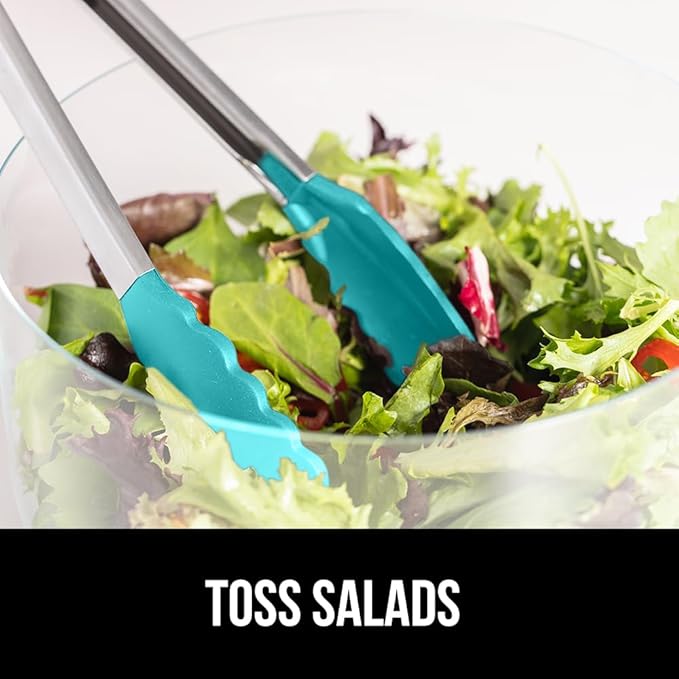 GORILLA GRIP Stainless Steel Heat Resistant Kitchen Tongs for Cooking, Set of 2 BBQ Tong, Non Scratch Silicone Tip for Pans, Strong Grip, Grab Food, Salad, Air Fryer, Pull Lock, 7 + 9 Inch, Turquoise