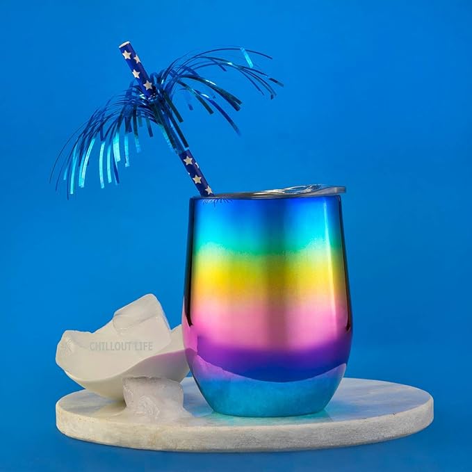 CHILLOUT LIFE 12 oz Stainless Steel Wine Tumblers 2 Pack - Double Wall Vacuum Insulated Wine Glasses Cups with Lids and Straws Set Keeping Cold & Hot for Coffee, Beer, Ice Cream - Colorful Rainbow