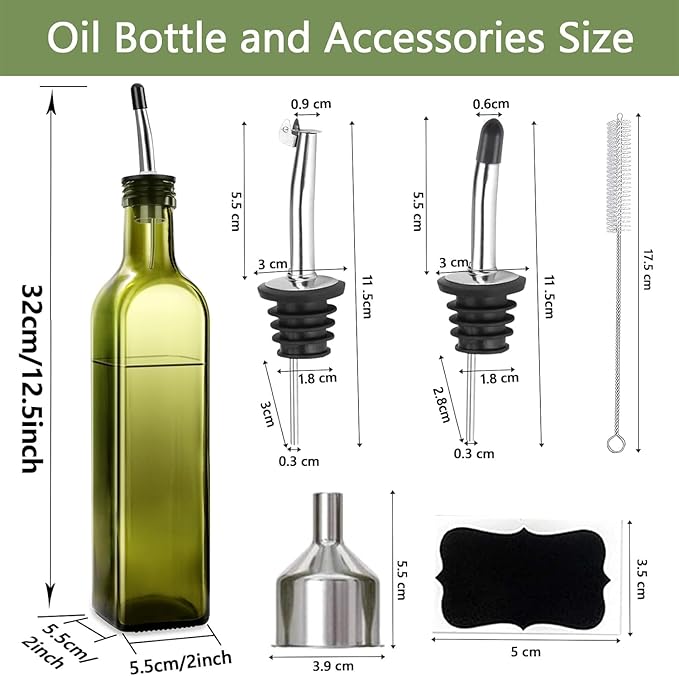 Olive Oil Dispenser Bottle, 17oz Glass Olive Oil Dispenser and Vinegar Dispenser Set 500ml Green Glass Oil Bottle Dispenser with Pourers,Funnel and Brush