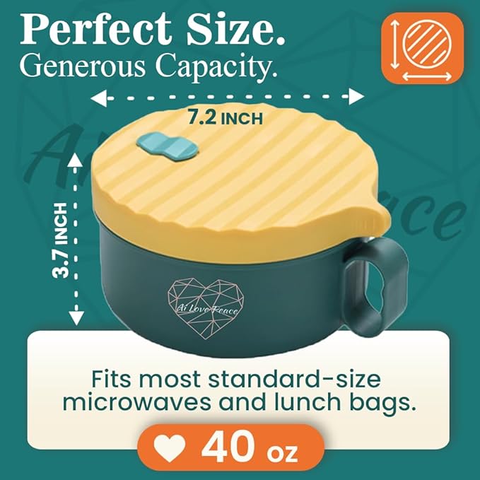 AI LOVE PEACE Ramen Bowl, 40 oz Microwaveable Noodle Cooker for Ramen, Pho, Soup, and Pasta, Dishwasher Safe and Portable, Ideal for Home, Office, Dorm, or Gift (Green)