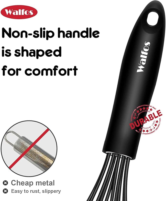Walfos Whisk,Whisks for cooking set, 304 Stainless steel Whisks,Heat Resistant 600°F.Perfect for Blending Beating Stirring - 11inFlat Whisk and 7+9+11in Balloon Whisk