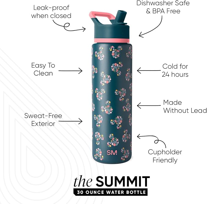 Simple Modern Summit Water Bottle with Straw Lid | Disney 30oz Leak Proof Stainless Steel Insulated Cup | Gifts for Her Him | Mickey Mouse Floral on Riptide