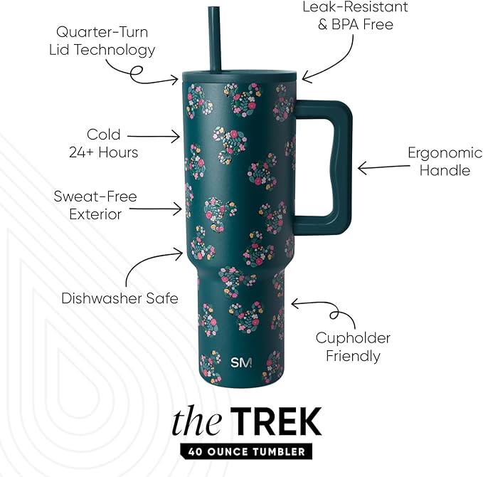 Simple Modern Disney 40 oz Tumbler with Handle and Straw Lid | Insulated Reusable Stainless Steel Water Bottle Travel Mug | Gifts for Women Her | Trek Collection | 40oz | Mickey Mouse Floral Riptide