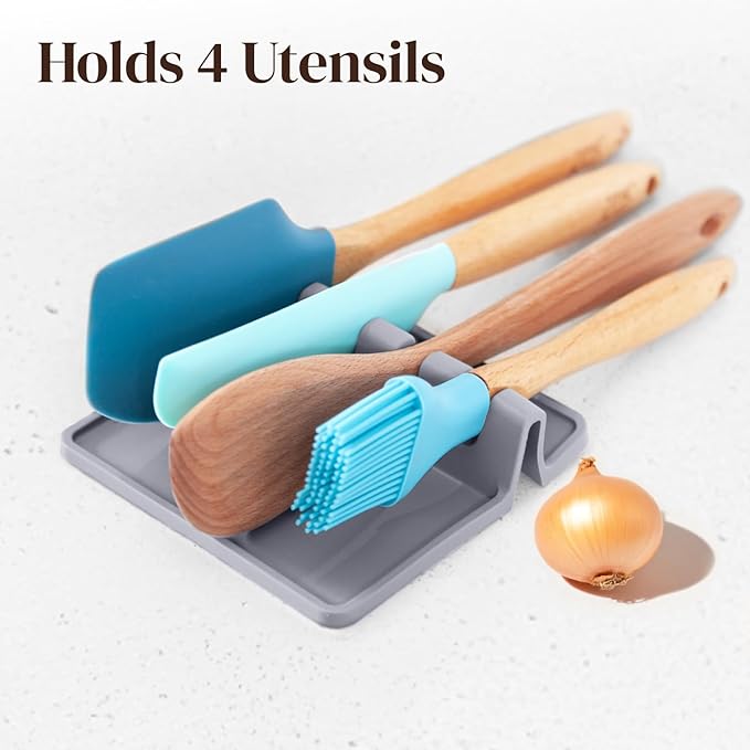 Silicone Spoon Rest for Stove Top with Drip Pad (2 Pack) - Heat Resistant BPA Free Utensil Rest & Kitchen Spoon Holder for Kitchen Counter - Grill Countertop - Spatula Holder, Tongs, Ladle - Gray