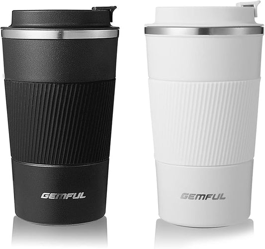 GEMFUL Travel Coffee Mug 2 Pack Insulated To Go Tumbler with Lid Portable Stainless Steel Reusable Cups Leak proof for Women Hot Cold Drinks 17oz (Black and White)
