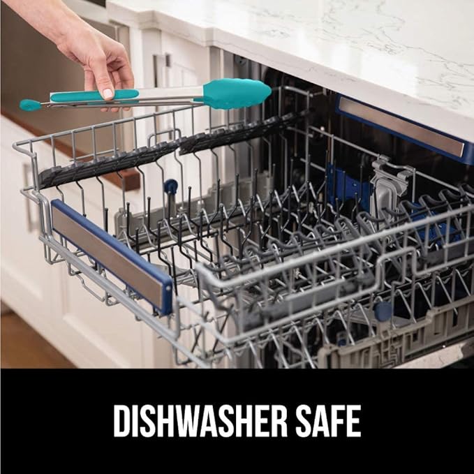 GORILLA GRIP Stainless Steel Heat Resistant Kitchen Tongs for Cooking, Set of 2 BBQ Tong, Non Scratch Silicone Tip for Pans, Strong Grip, Grab Food, Salad, Air Fryer, Pull Lock, 7 + 9 Inch, Turquoise