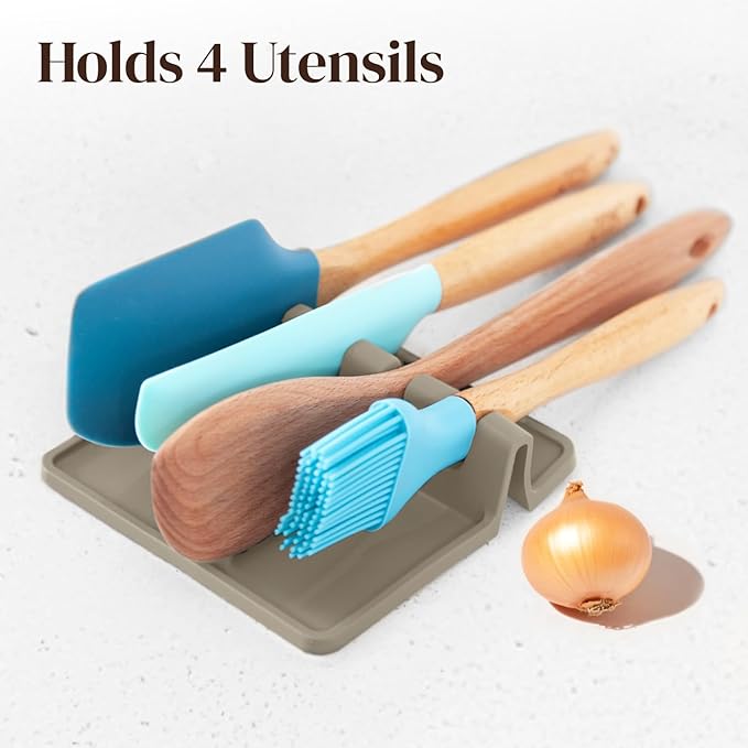 Cream Silicone Spoon Rest for Stove Top with Drip Pad (Two Pack) - Heat-Resistant, BPA-Free Utensil Rest & Spoon Holder for Kitchen Counter - Grill Utensil Holder for Spatulas, Tongs, Ladles