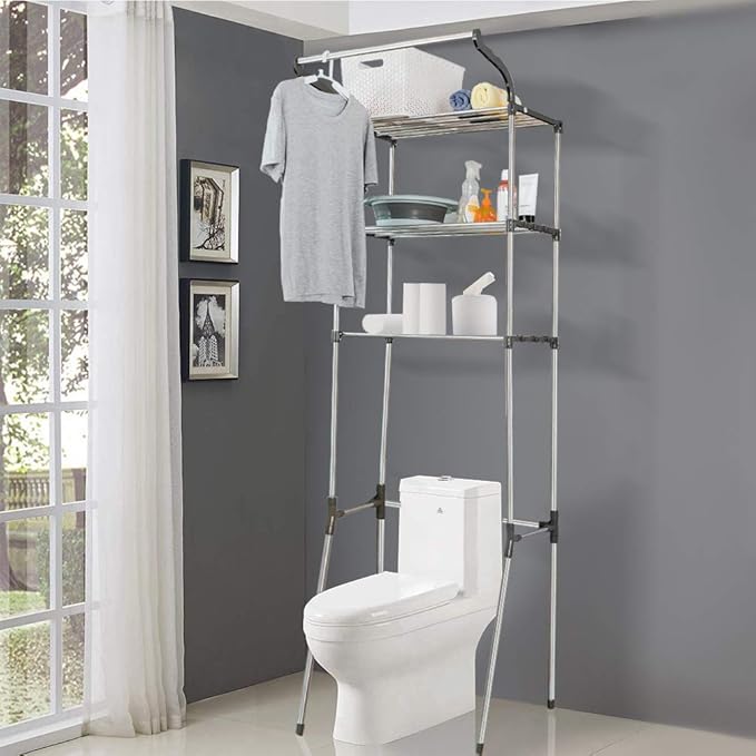 BAOYOUNI 3-Tier Over The Laundry Shelf Above Toilet Washing Machine Dryer Storage Utility Rack Clothes Hanger Rod Standing Bathroom Organization Space Saving Shelving Units, Grey