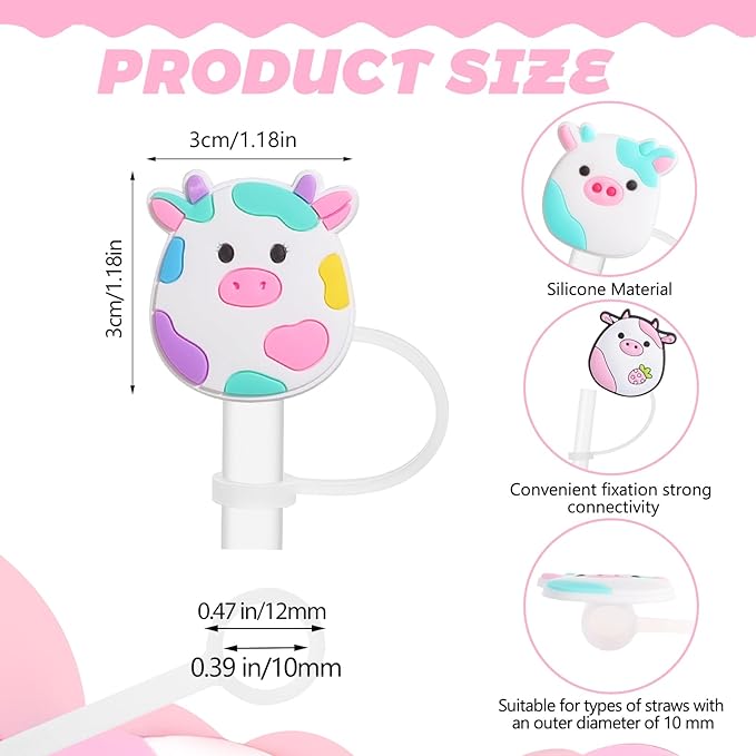 8 PCS Cute Straw Caps Compatible With Stanley 30&40 Oz Tumbler, Reusable Straw Toppers, Drinking Caps for 10 mm Tips (Dairy Cow Style)