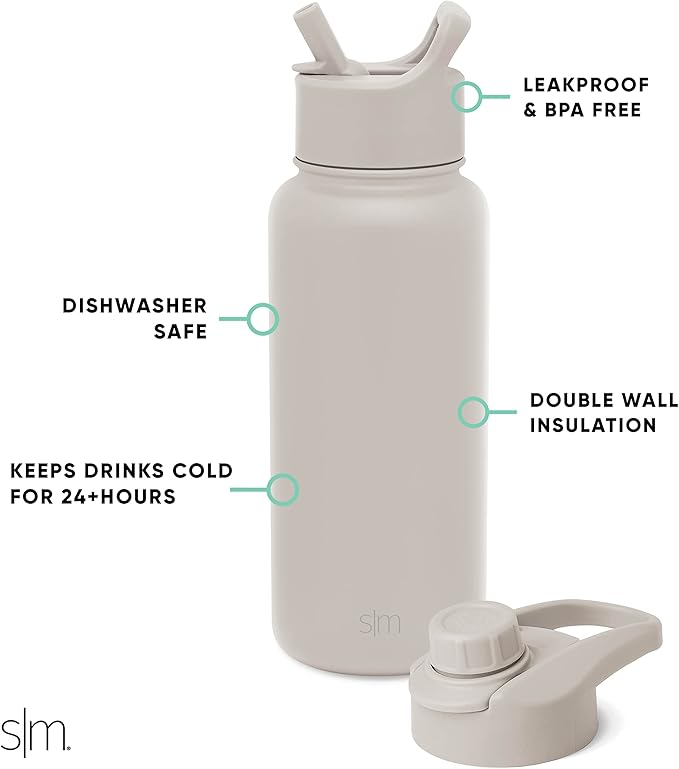 Simple Modern Water Bottle with Straw and Chug Lid Vacuum Insulated Stainless Steel Metal Thermos Bottles | Reusable Leak Proof BPA-Free Flask for Sports | Summit Collection | 32oz, Almond Birch