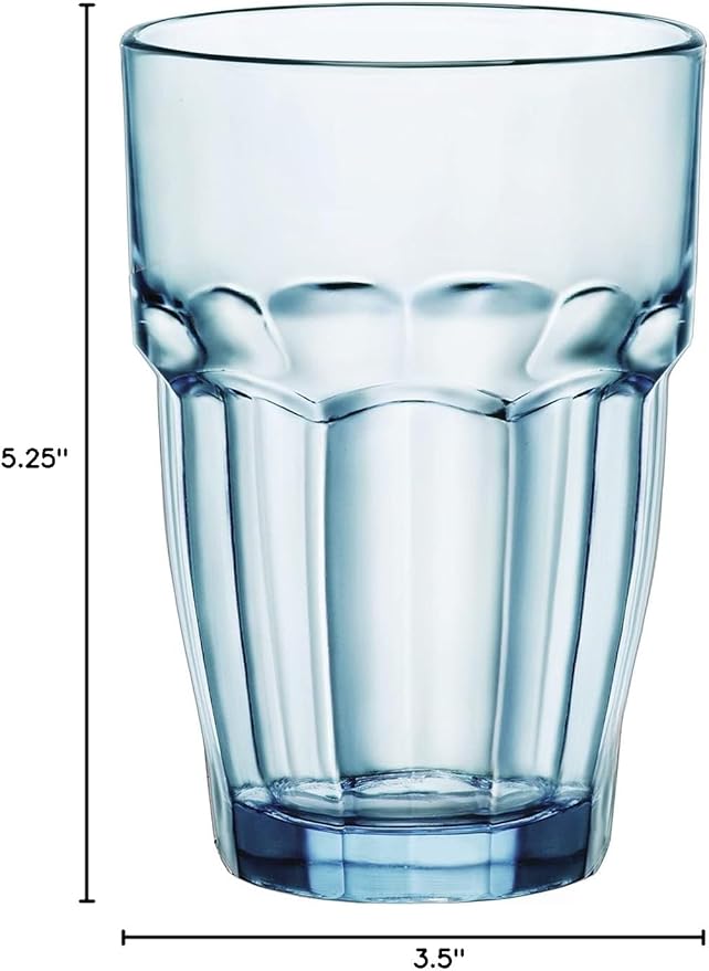 Bormioli Rocco Rock Bar 12.5 oz. Long Drink Stackable Tempered Beverage Glasses for Cold Drinks, Water, and Cocktails, Set of 6, Ice Blue