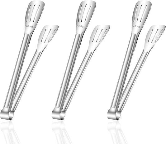 Stainless Steel Kitchen Tong Set - Anti-Slip Heat-Resistant Grip, Widened 3-Line Slotted Heads for Easy Clamping (Steaks, BBQ, Pasta, Salads), Easy Clean for Versatile Use Set of 3-9", Silver