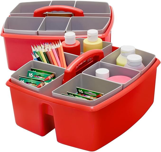 Storex Large Classroom Caddy with Cups, 13 x 11 x 6.575 Inches, Red, Case of 2 (00981U02C)