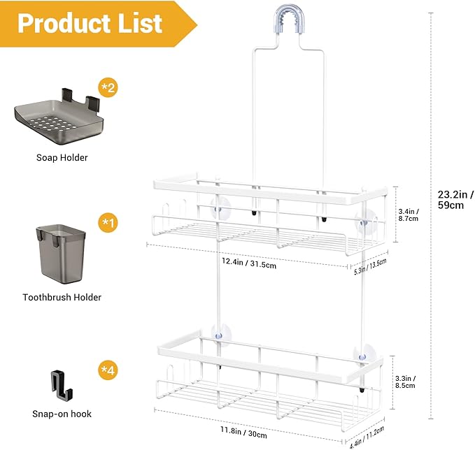 Shower Caddy Hanging Bathroom Organizer: Rustproof Shelf for Inside Shower - No Drilling Racks Over Showerhead - Bath Shelves for Shampoo, Soap White