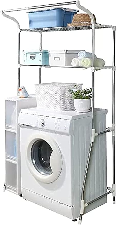 BAOYOUNI 2-Layer Over Washing Machine Storage Rack Utility Metal Bathroom Shelf 6-Hook Space Saver Width Adjustable Organization for Laundry Room Toilet (62-101cm, Ivory)