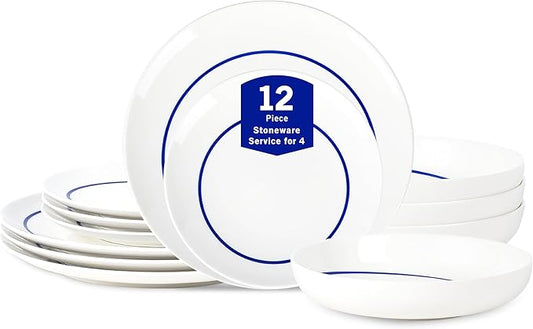 Stone Lain Luna 12-Piece Porcelain Dinnerware Set, Plates and Bowls Set, Dish Set for 4, Blue