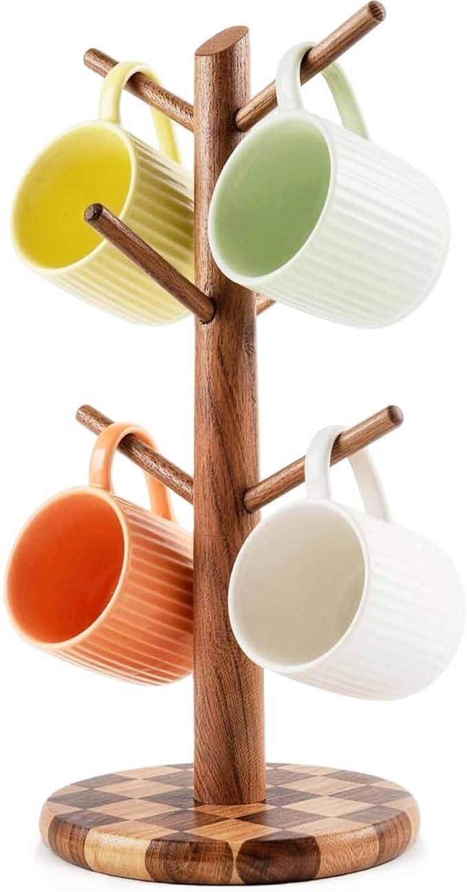 Natural Wood Mug Holder for Counter Top, Acacia Wood Coffee Mug Tree | Non-Slip by E-ROOMTREND