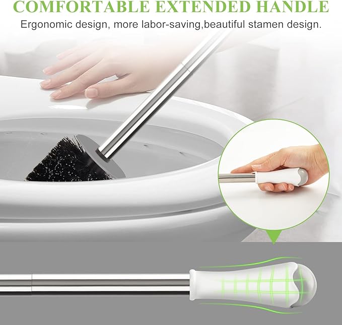Compact Toilet Brush & Holder, Stainless Steel Handle, Space Saving for Storage, Deep Cleaning, Drip-Proof, Easy to Assemble, Nylon Bristles, White & Grey