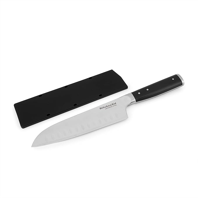 KitchenAid Gourmet Forged Triple Rivet Santoku Knife with Custom-Fit Blade Cover, 7-inch, Sharp Kitchen Knife, High-Carbon Japanese Stainless Steel Blade, Black
