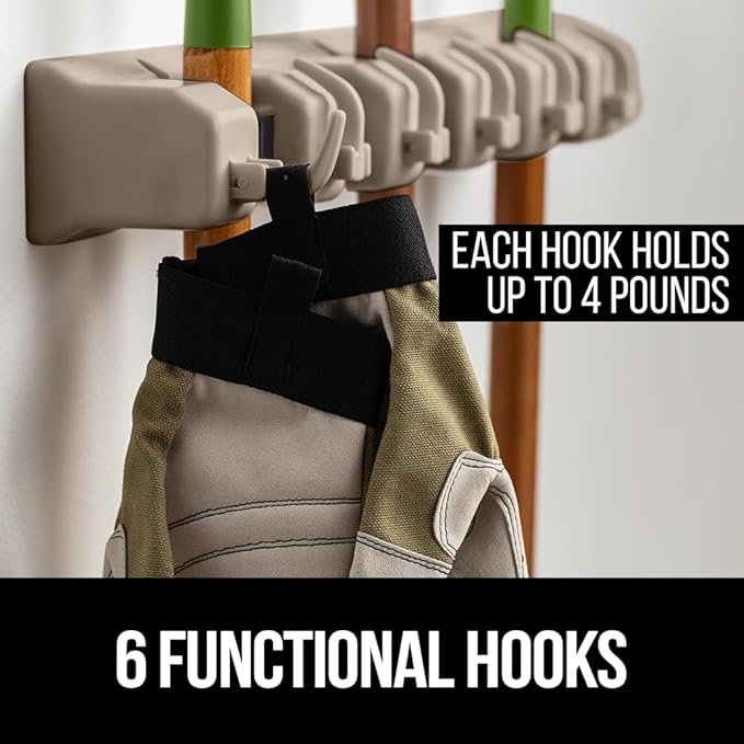 GORILLA GRIP Wall Mount Hook Fixture, Also Includes Slots to Hold Mop, Broom, Tools, Easy Install, Organize Cleaners, Tools, Home, Kitchen, Garage, 6 Hooks 5 Slots, Beige