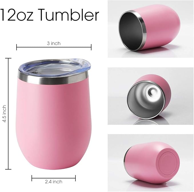 HASLE OUTFITTERS 12oz Wine Tumbler with Lid Stemless Wine Glasses Double Wall Vacuum Travel Mugs stainless steel Coffee Cup for Cold & Hot Drinks Wine Coffee Cocktails Beer (12oz-Pink, 1 Pack)