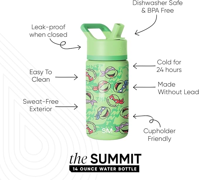 Simple Modern Kids Summit Water Bottle with Straw Lid | Teenage Mutant Ninja Turtles 14oz Stainless Steel Cup Insulated Tumbler for Boys, Girls, School | TMNT Mutant Ooze