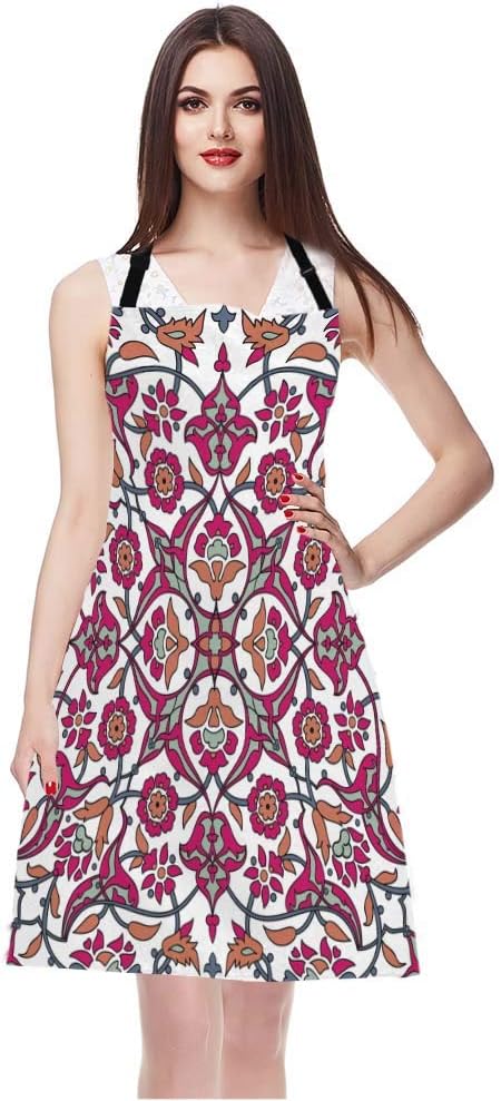 EKOBLA Retro Flower Print Aprons Decorative Vintage Oriental Tribal Floral Ornament Paisley Waterproof Resistant Chef Cooking Kitchen BBQ Adjustable Aprons for Women Men 27x31 Inch