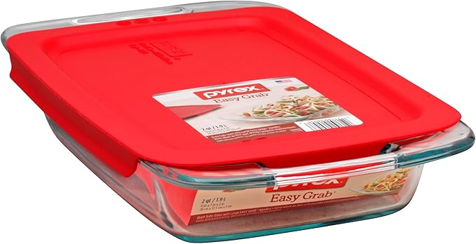 Pyrex Easy Grab 2-Qt Glass Baking Dish with Lid, Tempered Glass Baking Dish with Large Handles, Non-Toxic, BPA-Free Lid, Dishwashwer, Microwave, Freezer and Pre-Heated Oven Safe