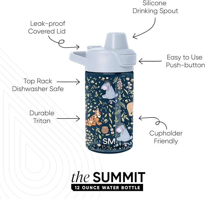 Simple Modern Disney Kids Tritan Plastic Summit Water Bottle | 12 oz BPA-Free Cup with Covered Leak Proof Straw Lid for Girls, Toddlers | Winnie the Pooh Floral