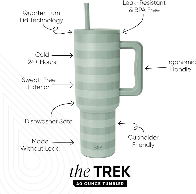 Simple Modern 40 oz Trek Tumbler with Handle and Straw Lid | Cup Holder Friendly Insulated Stainless Steel Travel Mug | Eucalyptus Gingham