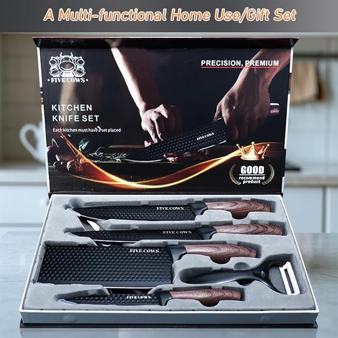 6 Pcs Kitchen Knife Block Set German High Carbon Stainless Steel Chef Knives, Razor-Sharp & Durable, Lightweight Anti-Slip Handle, Professional Set for Home & Kitchen (Brown 6 Piece)