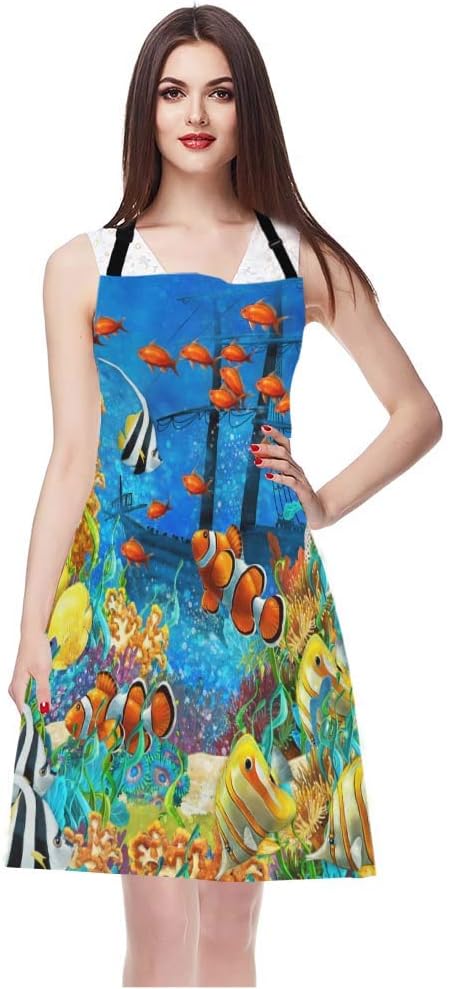 EKOBLA Fish Aprons Painting Undersea Coral Reef Bubbles Colorful Dive Exploration Ocean Waterproof Resistant Chef Cooking Kitchen BBQ Adjustable Aprons for Women Men 27x31 Inch