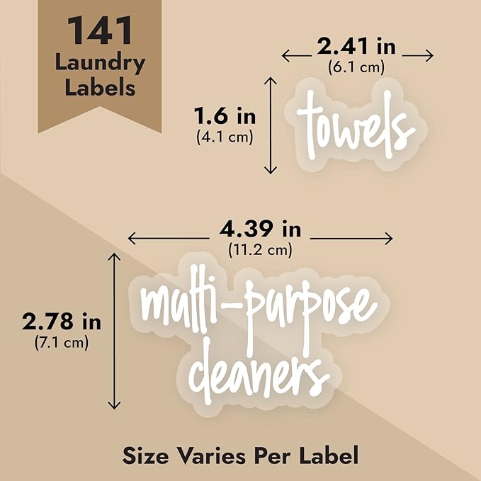 Talented Kitchen Laundry Room Organization Labels - 141 Preprinted White Script Clear Vinyl, Water-Resistant - Sticker Labels for Jars & Food Containers - Pantry, Bathroom & Linen Closet