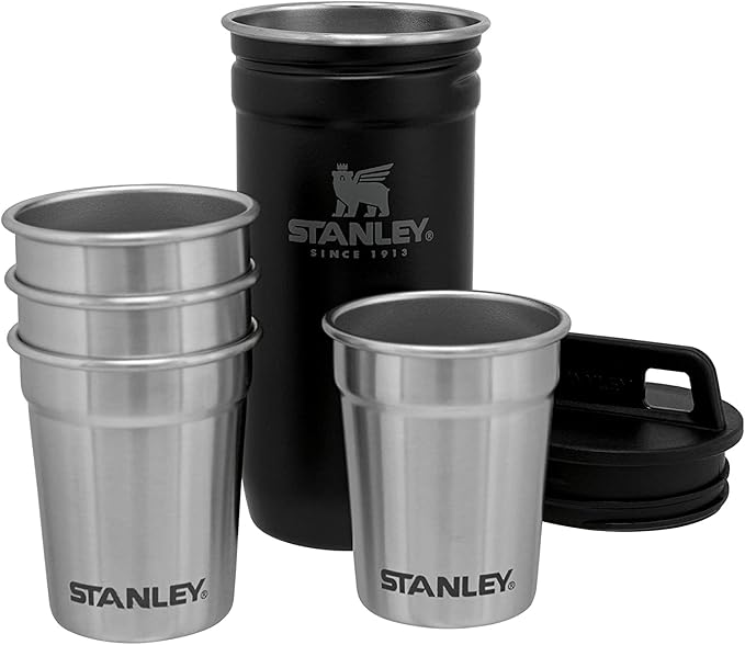 Stanley Adventure Pre-Party Flask and Nesting Shot Glass Set | 8 oz Leakproof Hip Flask | 4 Shot Glasses in Travel Carrying Case | Insulated Stainless Steel Liquor Flask | BPA-Free | Matte Black